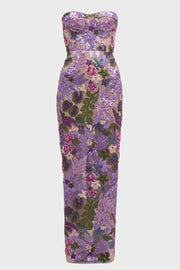 Elara Floral Sequin Embroidered Strapless Maxi Dress - Purple