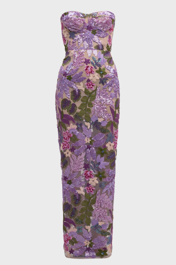 Elara Floral Sequin Embroidered Strapless Maxi Dress - Purple