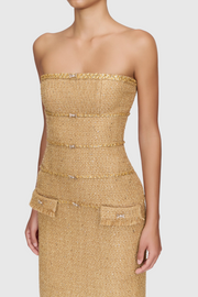 Elborno Gold Embellished Strapless Midi Dress