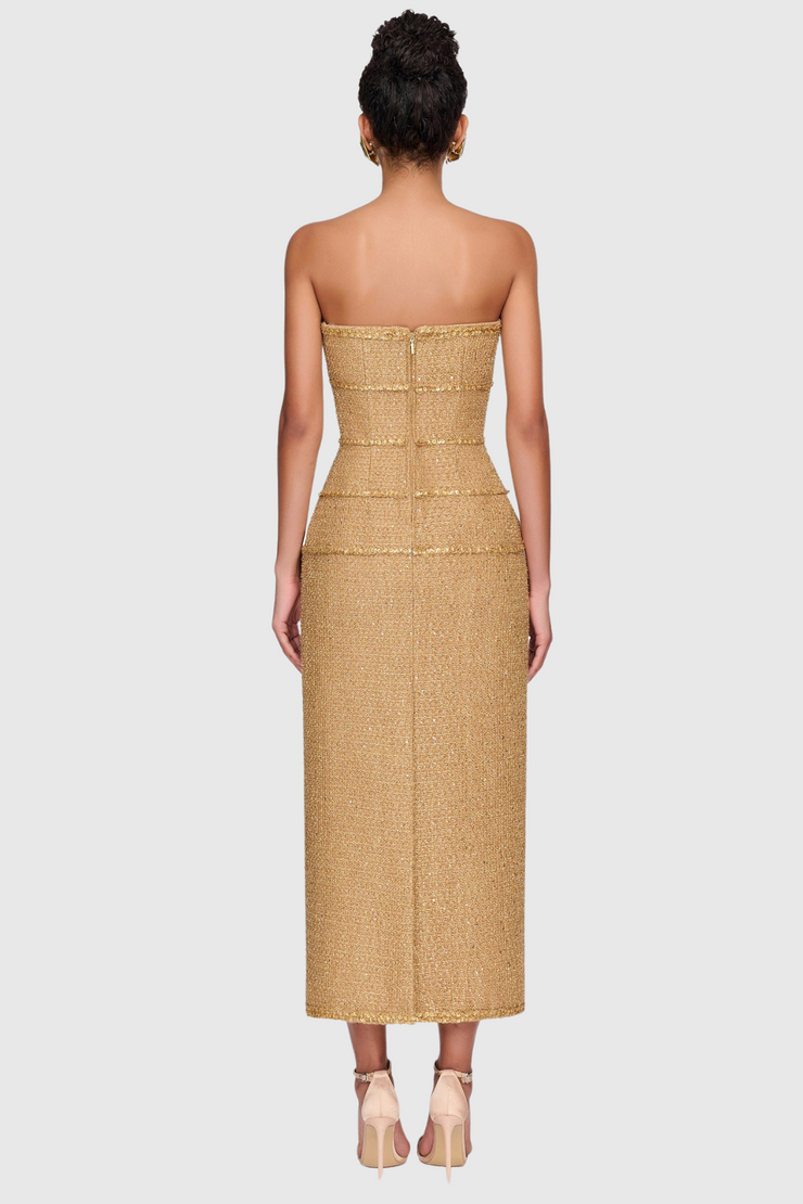 Elborno Gold Embellished Strapless Midi Dress