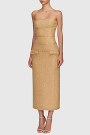Elborno Gold Embellished Strapless Midi Dress