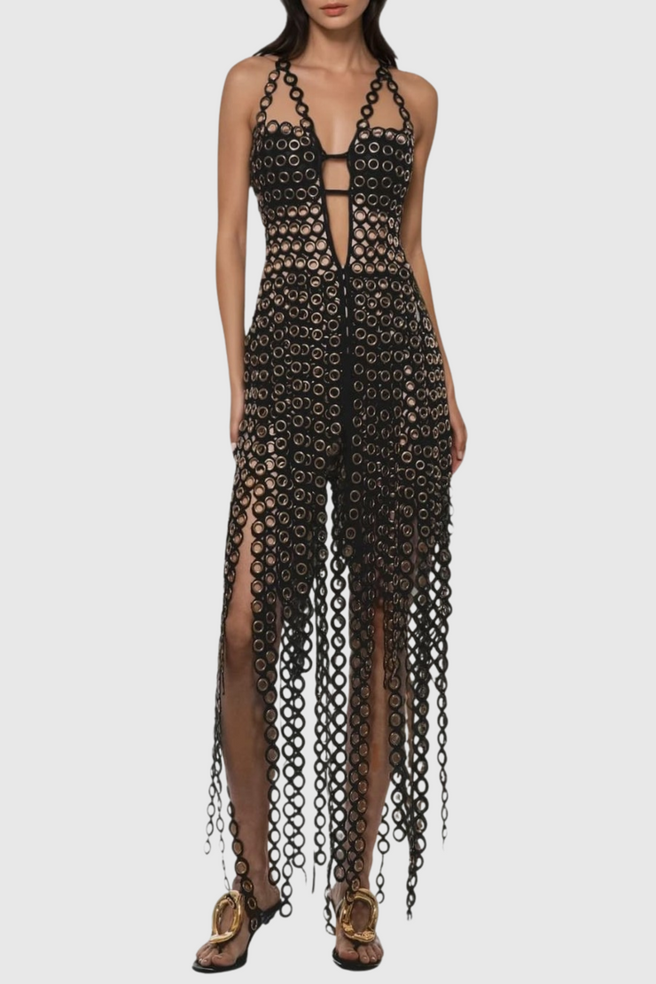Eleusine Deep-V Fringe Cutout Maxi Dress