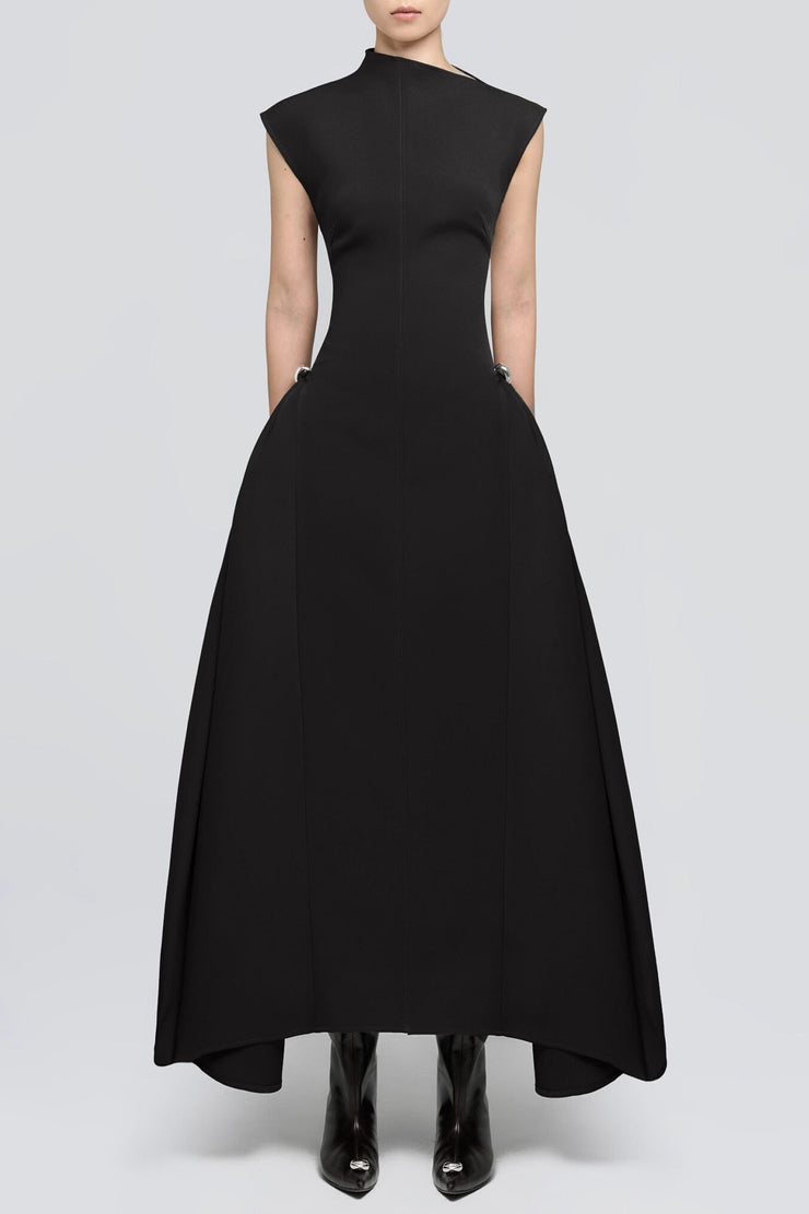 Eorkone Symmetric Drapes Flared Midi Dress - Black