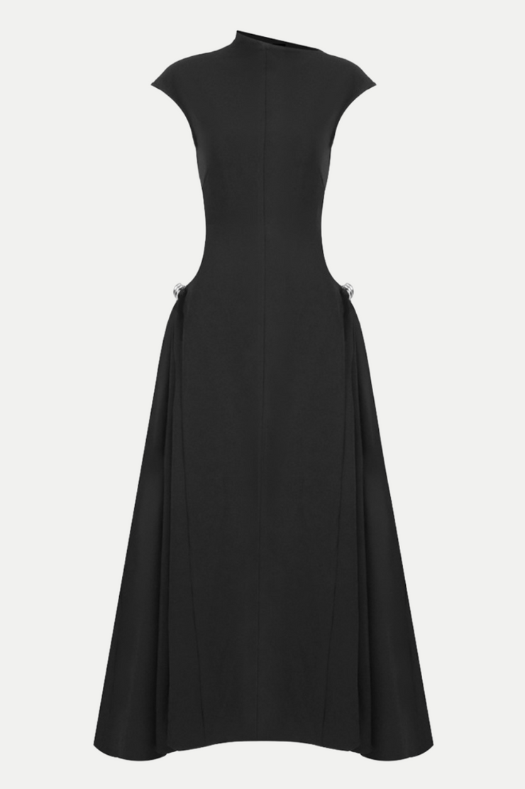 Eorkone Symmetric Drapes Flared Midi Dress - Black
