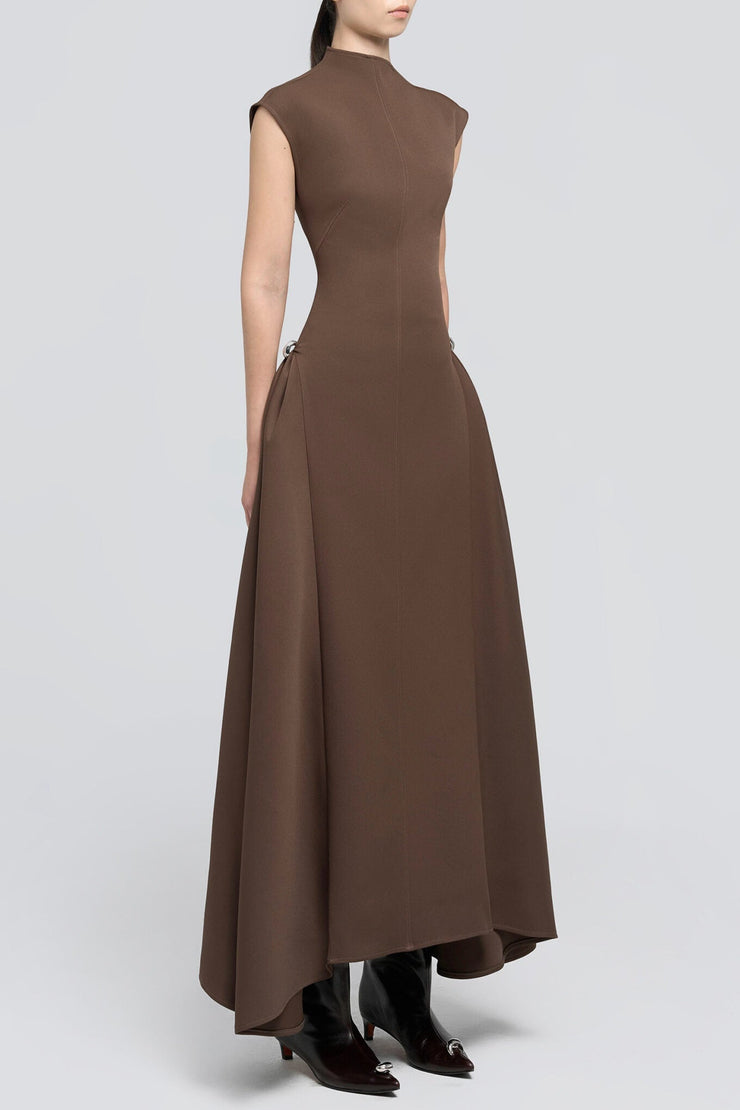 Eorkone Symmetric Drapes Flared Midi Dress - Brown