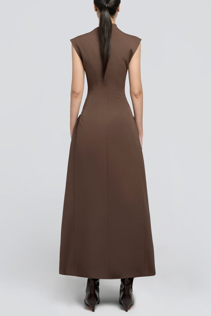 Eorkone Symmetric Drapes Flared Midi Dress - Brown