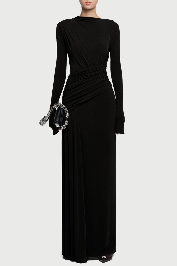 Fiada Draped Long Sleeve Maxi Dress - Black