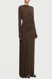 Fiada Draped Long Sleeve Maxi Dress - Brown