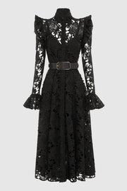 Freya Ruffle Lace-embroidered Belted Midi Dress - Black
