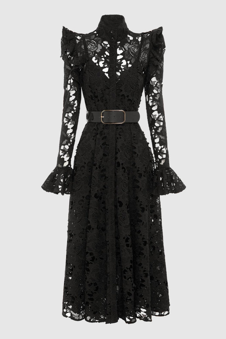 Freya Ruffle Lace-embroidered Belted Midi Dress - Black