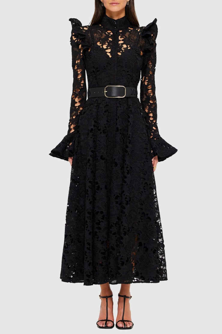 Freya Ruffle Lace-embroidered Belted Midi Dress - Black