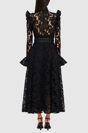 Freya Ruffle Lace-embroidered Belted Midi Dress - Black
