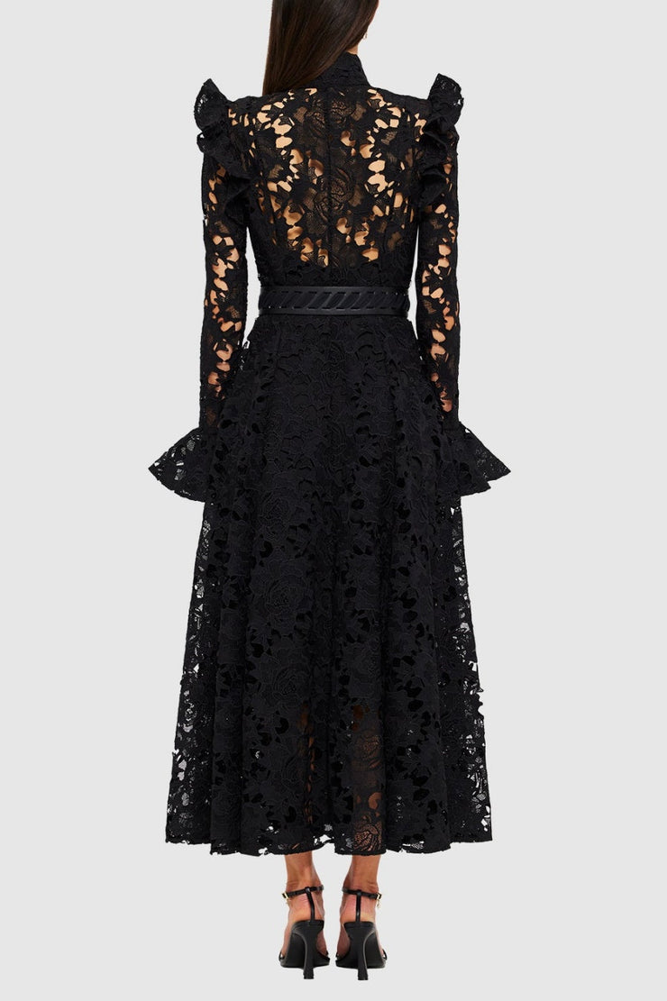 Freya Ruffle Lace-embroidered Belted Midi Dress - Black