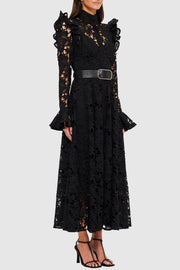 Freya Ruffle Lace-embroidered Belted Midi Dress - Black
