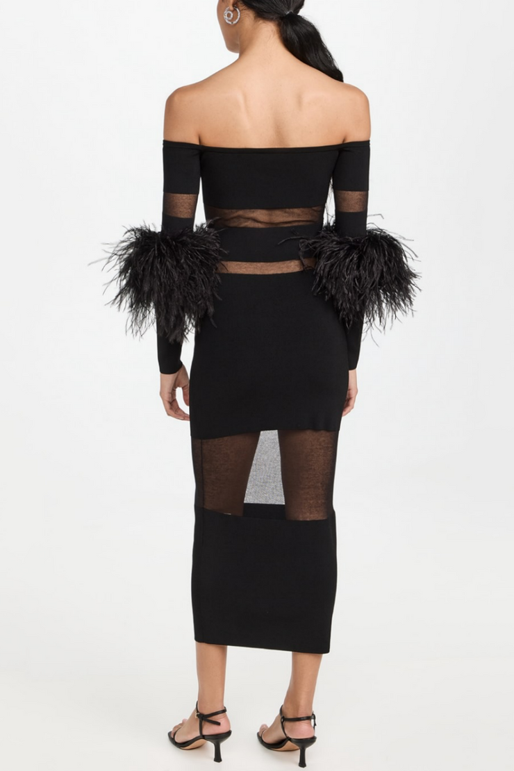 Genesis Off Shoulder Feather Mesh Midi Bandage Dress - Black