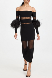 Genesis Off Shoulder Feather Mesh Midi Bandage Dress - Black