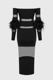 Genesis Off Shoulder Feather Mesh Midi Bandage Dress - Black