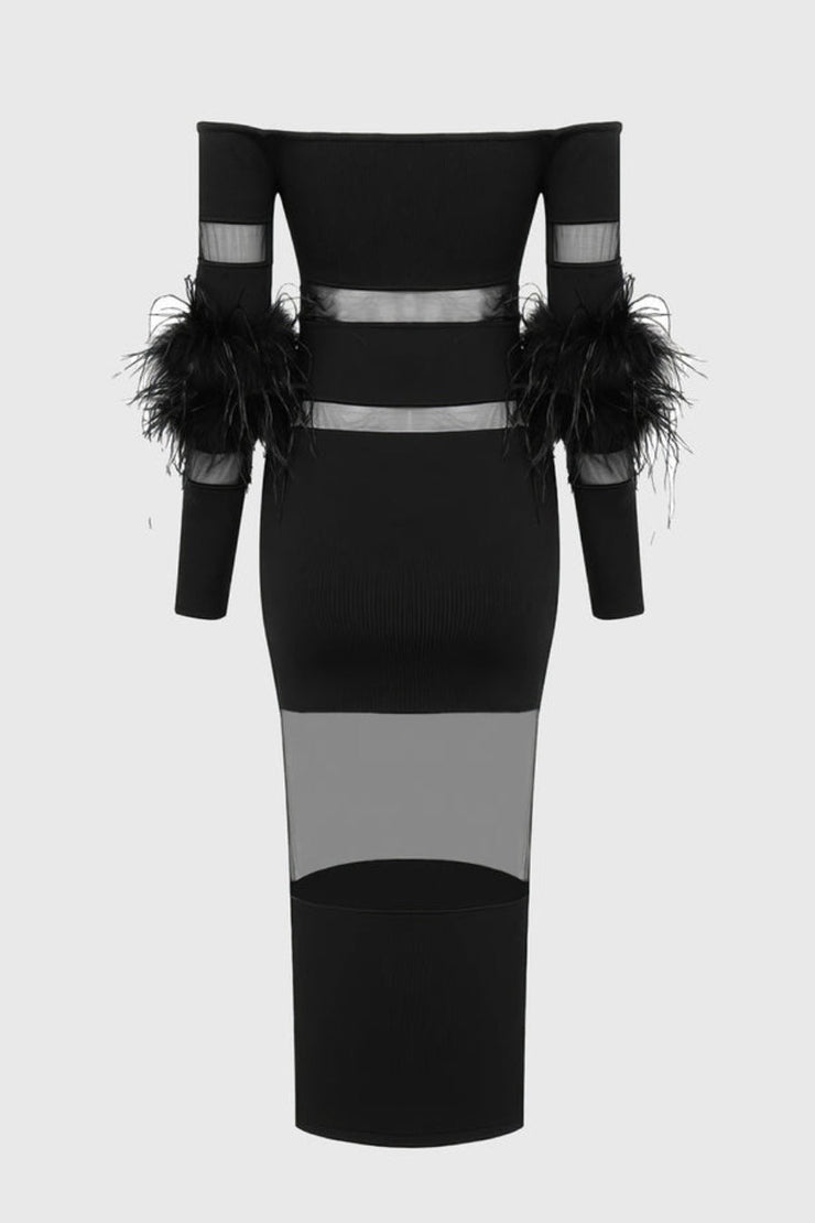 Genesis Off Shoulder Feather Mesh Midi Bandage Dress - Black