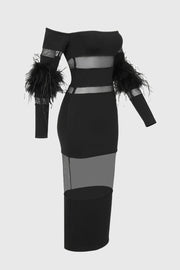 Genesis Off Shoulder Feather Mesh Midi Bandage Dress - Black
