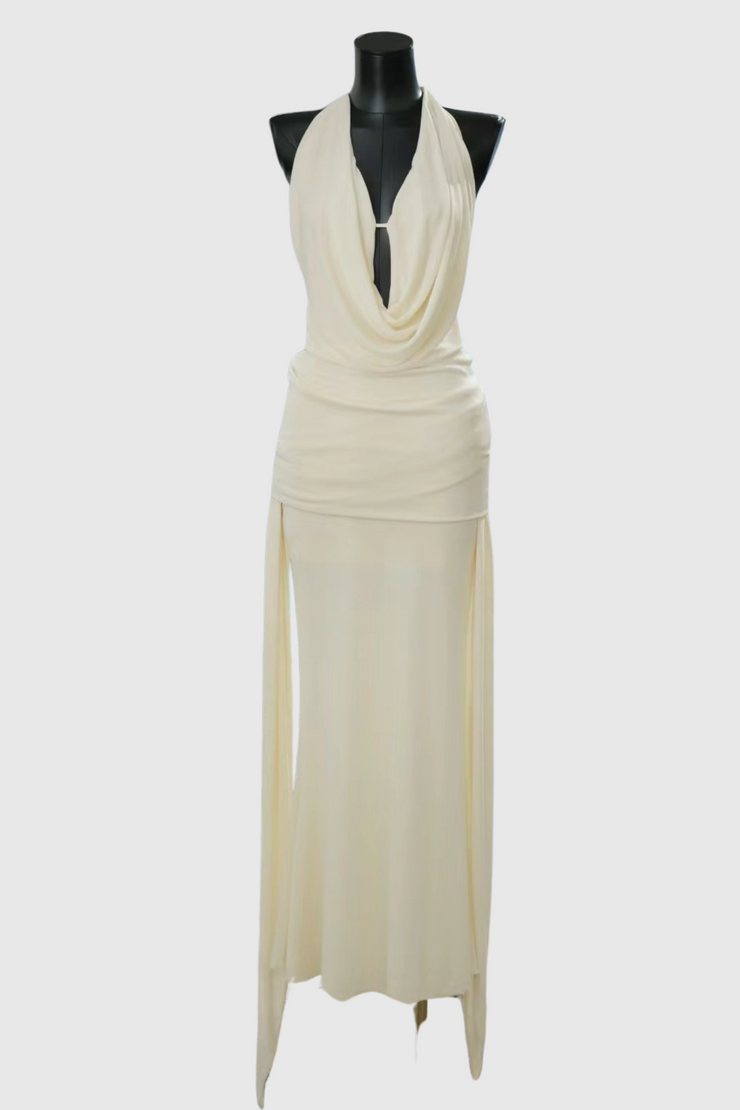 Grisha Halter Draped Backless Maxi Dress - Beige