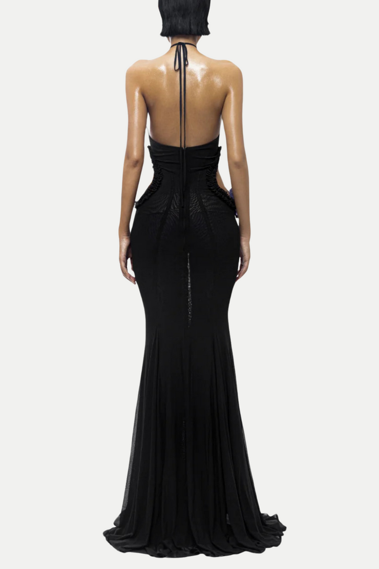 Hiroshi Butterfly Halter Cutout Mesh Maxi Dress - Black