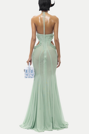 Hiroshi Butterfly Halter Cutout Mesh Maxi Dress - Green