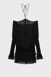 Inaki Halter Pleated Ruffle Mini Dress - Black