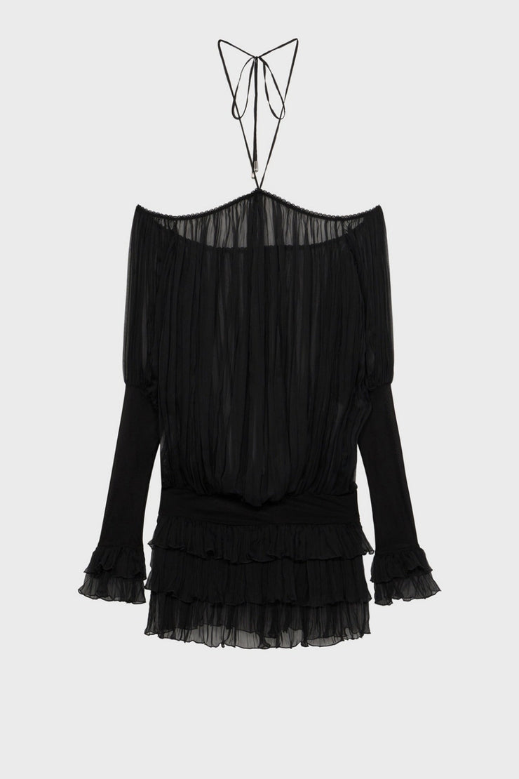 Inaki Halter Pleated Ruffle Mini Dress - Black