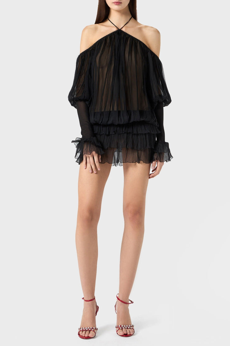 Inaki Halter Pleated Ruffle Mini Dress - Black