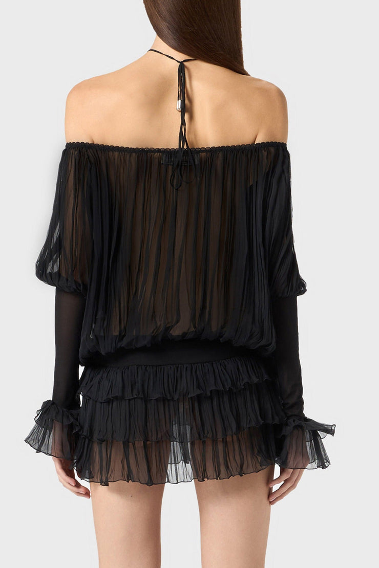 Inaki Halter Pleated Ruffle Mini Dress - Black