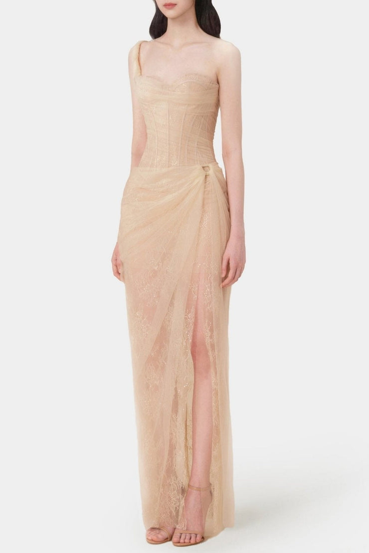 Inina Lace Corset One Shoulder Maxi Dress - Beige