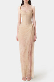 Inina Lace Corset One Shoulder Maxi Dress - Beige