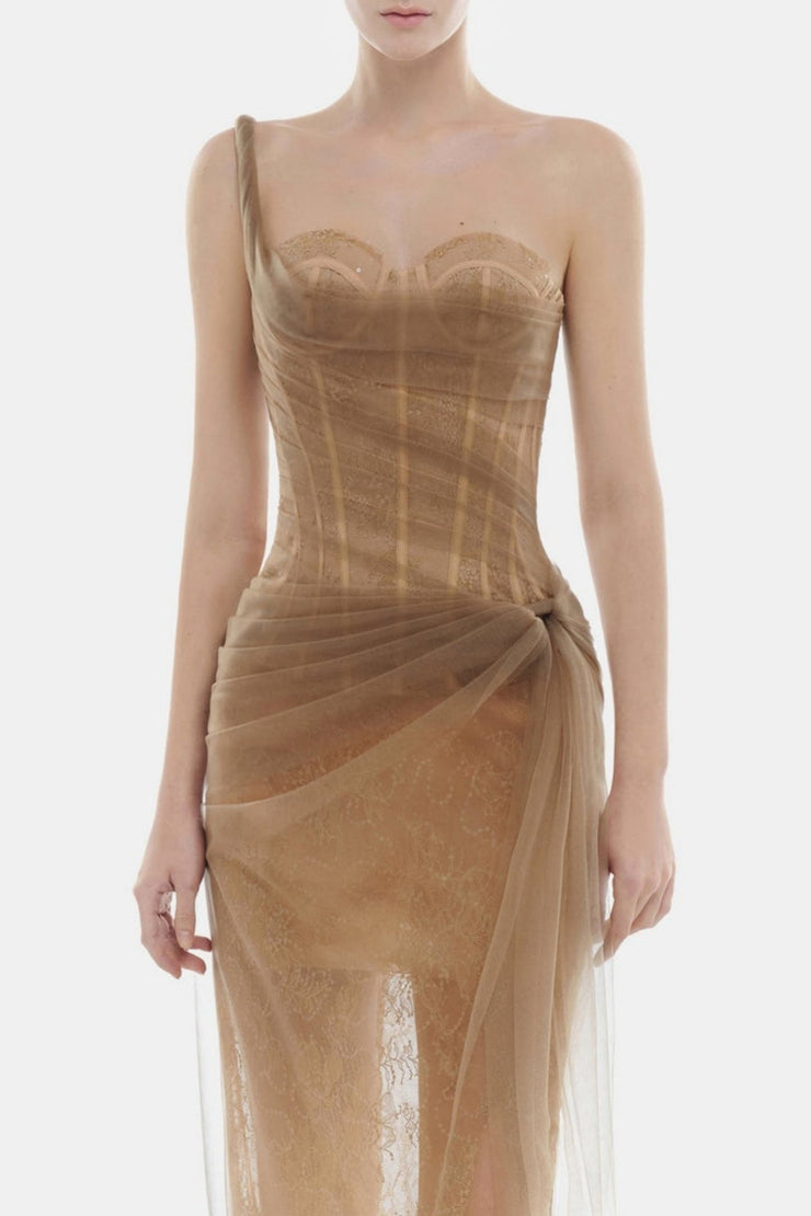 Inina Lace Corset One Shoulder Maxi Dress - Brown