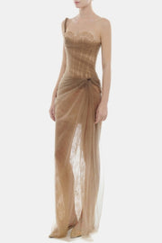 Inina Lace Corset One Shoulder Maxi Dress - Brown