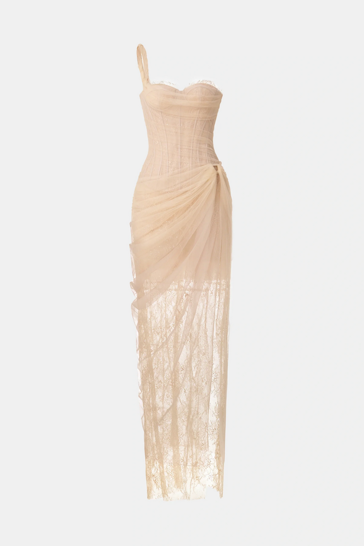 Inina Lace Corset One Shoulder Midi Dress - Beige