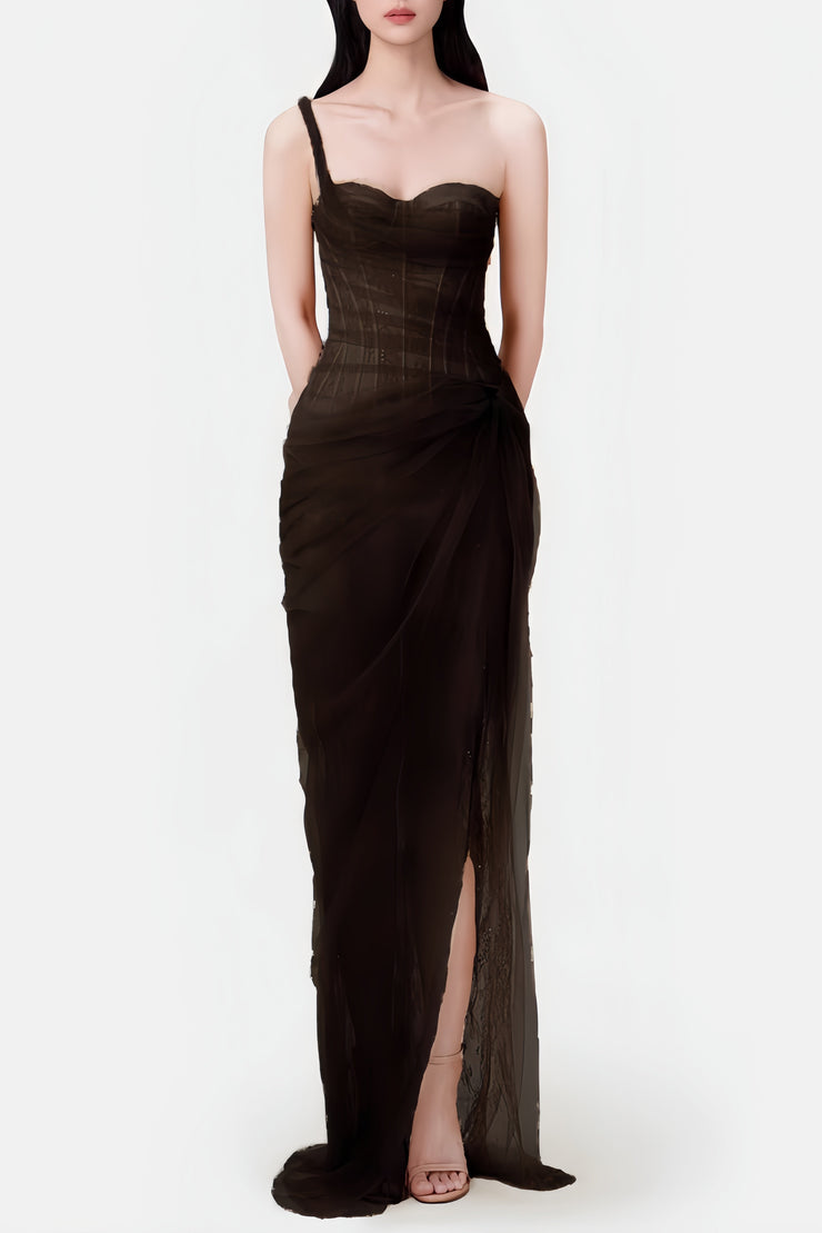 Inina Lace Corset One Shoulder Midi Dress - Black