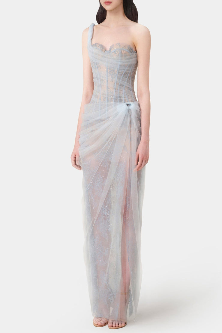 Inina Lace Corset One Shoulder Midi Dress - Blue