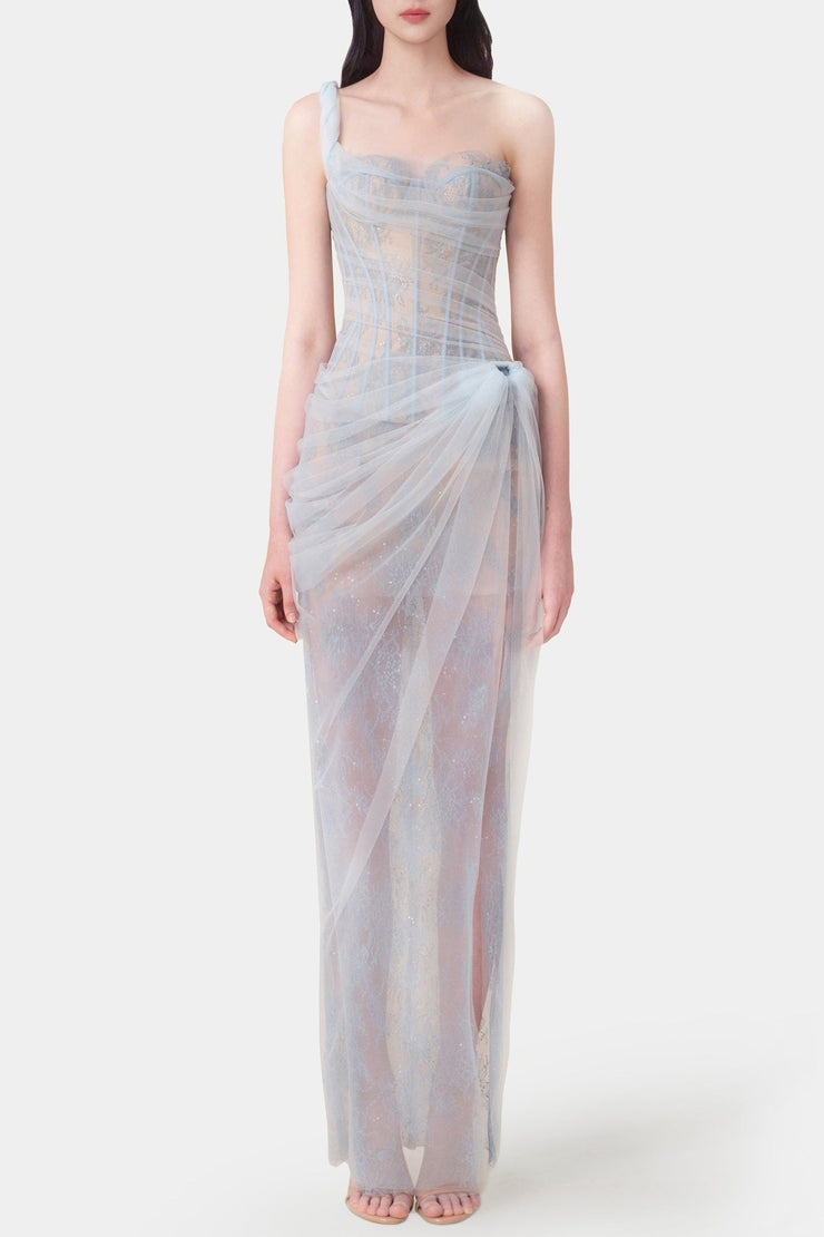 Inina Lace Corset One Shoulder Midi Dress - Blue