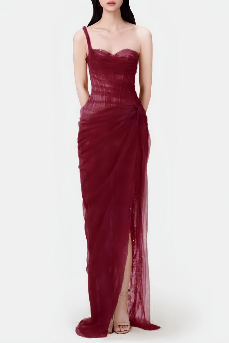 Inina Lace Corset One Shoulder Midi Dress - Wine