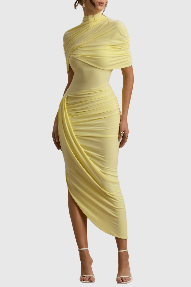 Jago Asymmetric Cape Ruched Midi Dress - Yellow