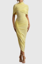 Jago Asymmetric Cape Ruched Midi Dress - Yellow