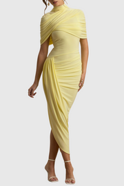 Jago Asymmetric Cape Ruched Midi Dress - Yellow