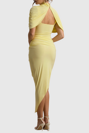 Jago Asymmetric Cape Ruched Midi Dress - Yellow