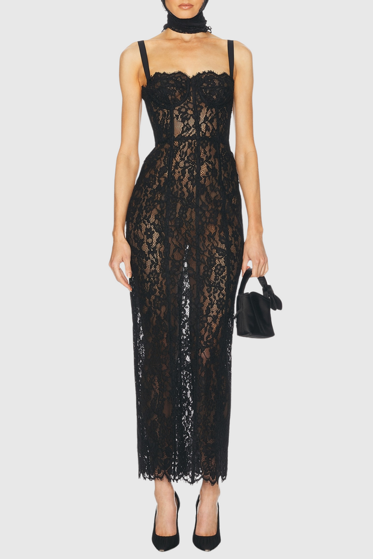Jalana Lace Corset Midi Dress - Black