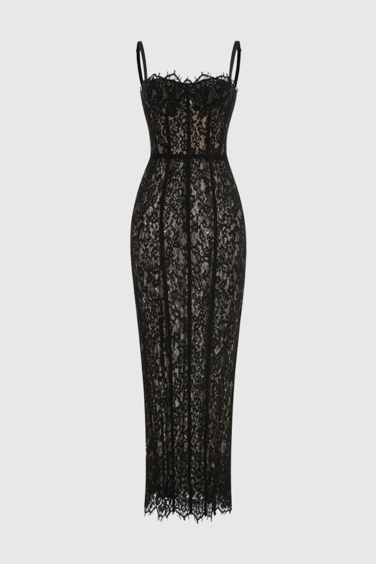Jalana Lace Corset Midi Dress - Black