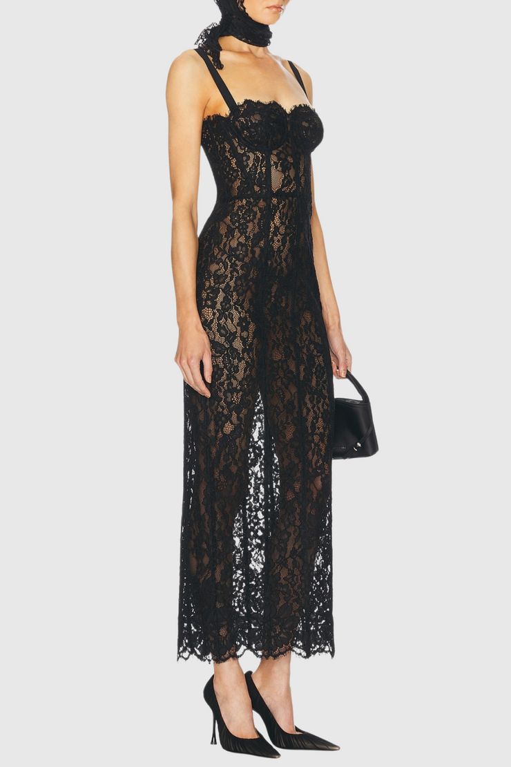 Jalana Lace Corset Midi Dress - Black
