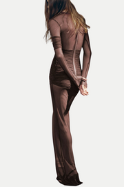 Jolleen Ruched Mesh Maxi Dress - Brown