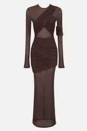 Jolleen Ruched Mesh Maxi Dress - Brown