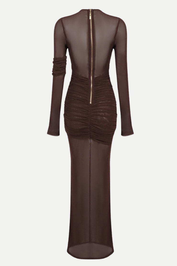Jolleen Ruched Mesh Maxi Dress - Brown