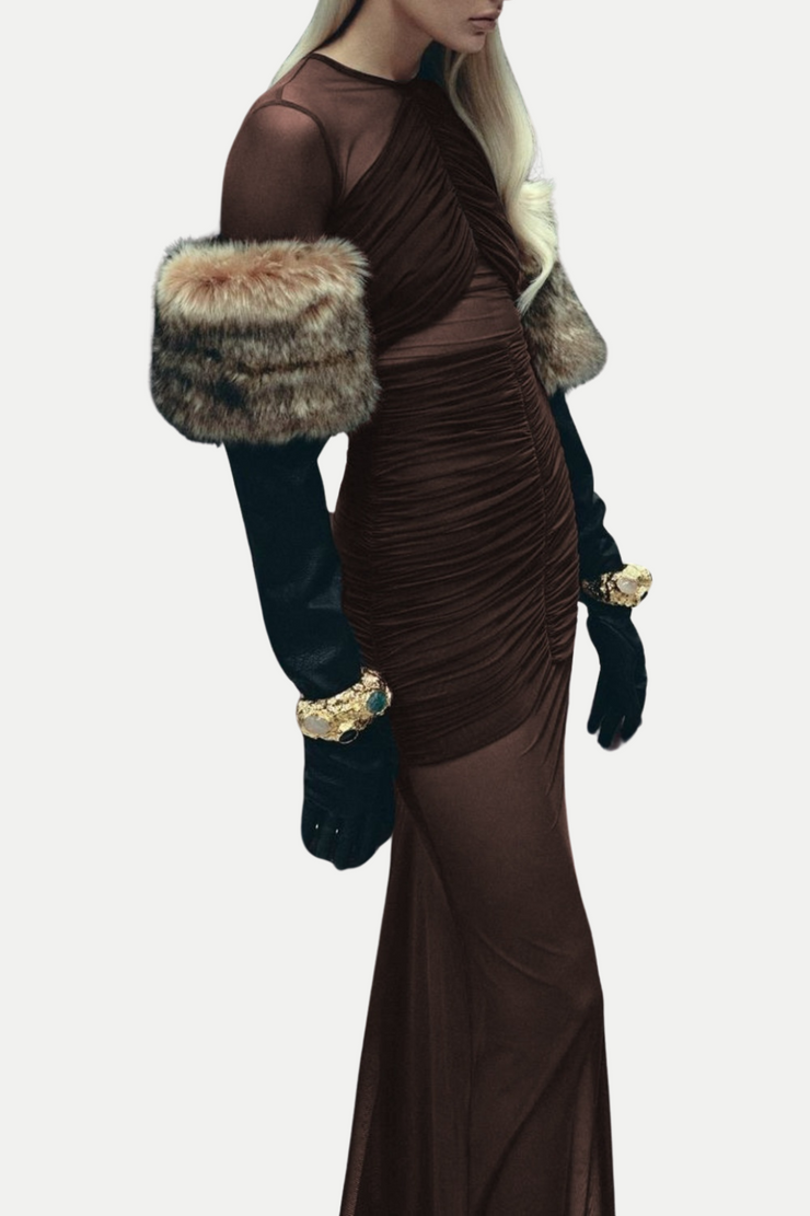 Jolleen Ruched Mesh Maxi Dress - Brown